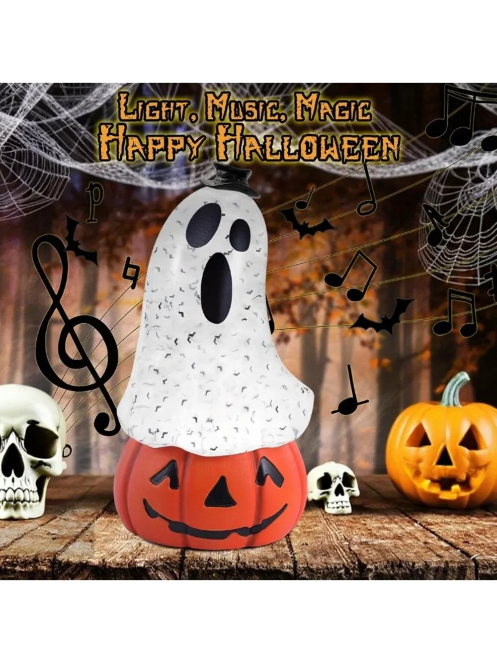 Spooky Halloween Snow Globe Lantern with Ghost & Pumpkin | Musical Glitter Decor